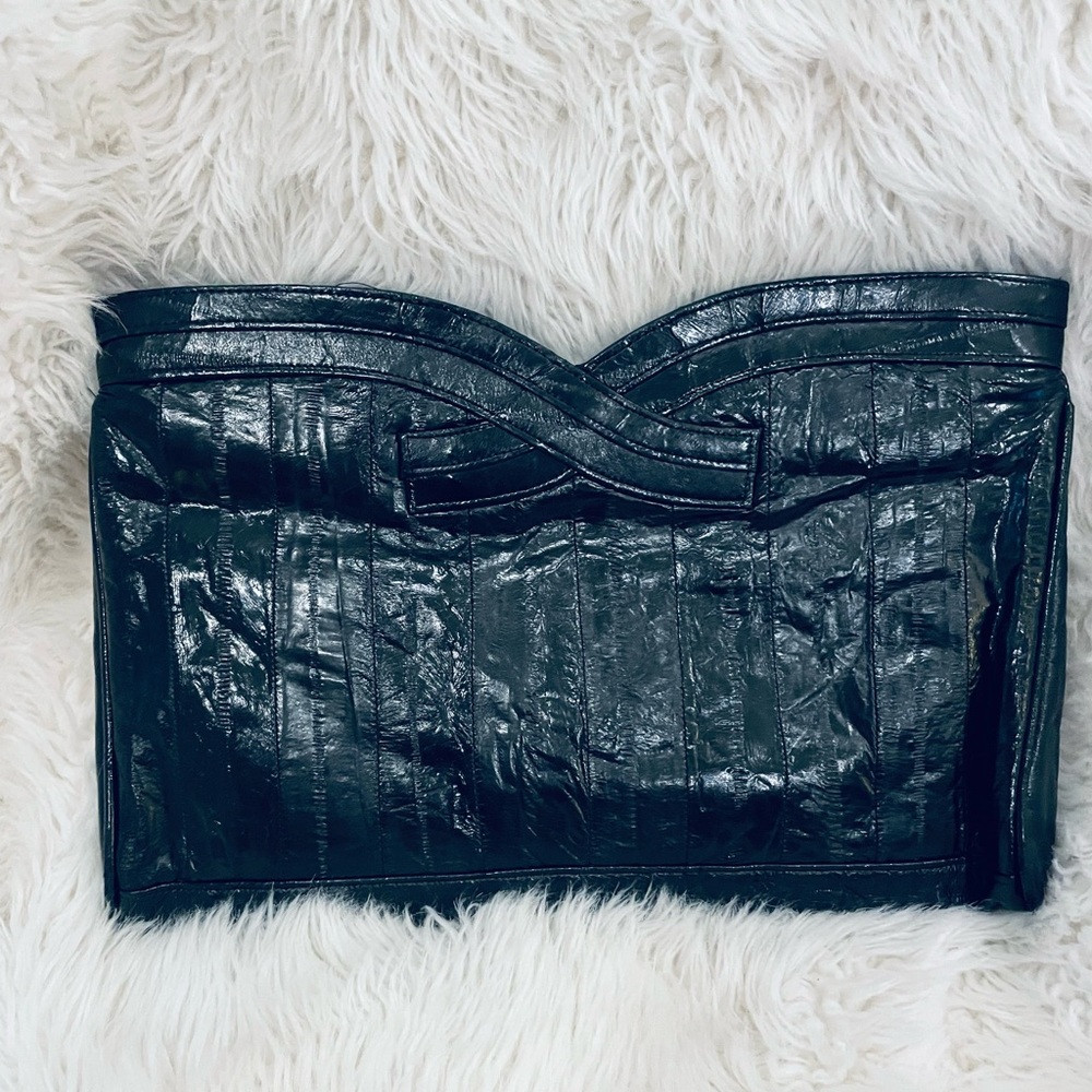 70's Black Eel Skin Convertible Clutch Shoulder Bag